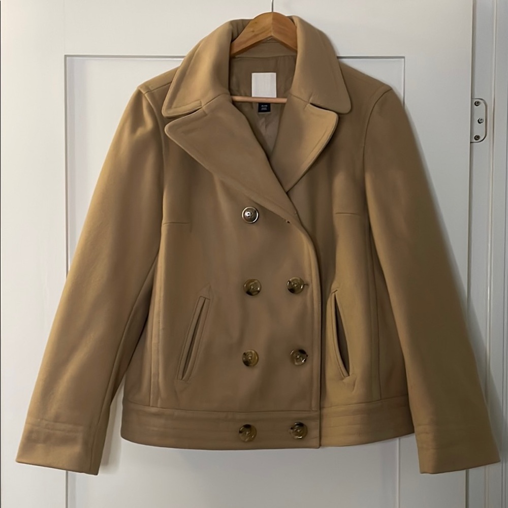 GAP Tan Peacoat with Double-Breasted Style and Wide Collar